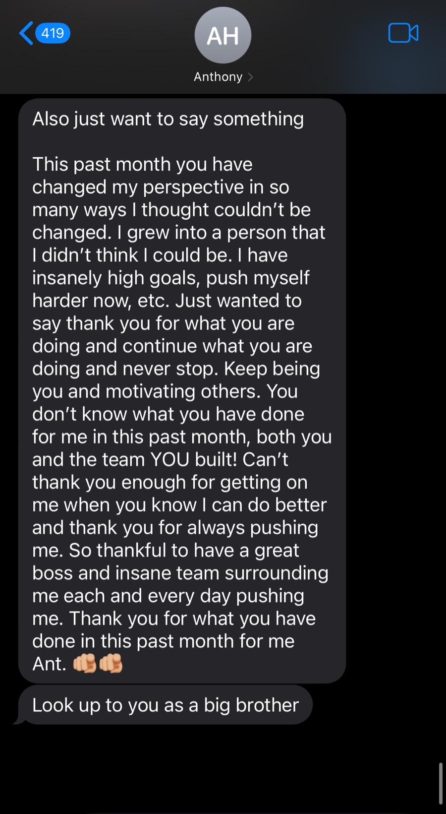 Text message from one of Anthony's reps: 'Look up to you as a big brother'
